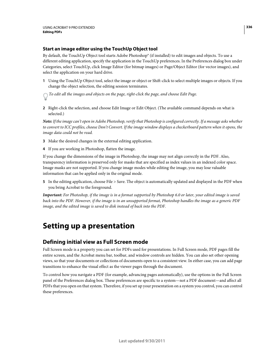 Setting up a presentation, Defining initial view as full screen mode | Adobe Acrobat 9 PRO Extended User Manual | Page 342 / 546