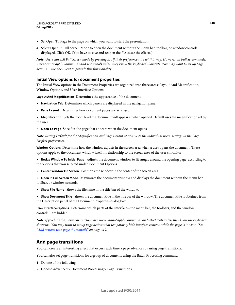 Initial view options for document properties, Add page transitions | Adobe Acrobat 9 PRO Extended User Manual | Page 344 / 546