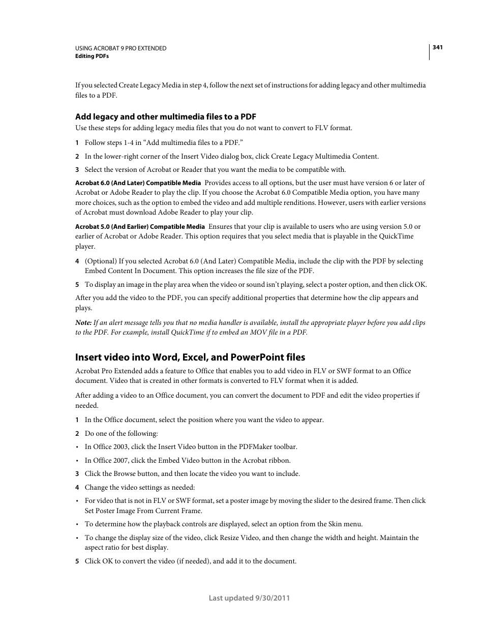 Add legacy and other multimedia files to a pdf | Adobe Acrobat 9 PRO Extended User Manual | Page 347 / 546