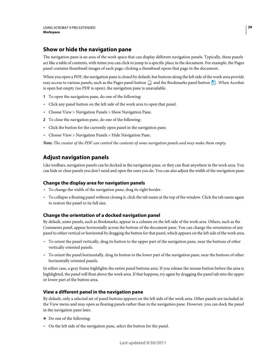 Show or hide the navigation pane, Adjust navigation panels, Change the display area for navigation panels | View a different panel in the navigation pane | Adobe Acrobat 9 PRO Extended User Manual | Page 35 / 546