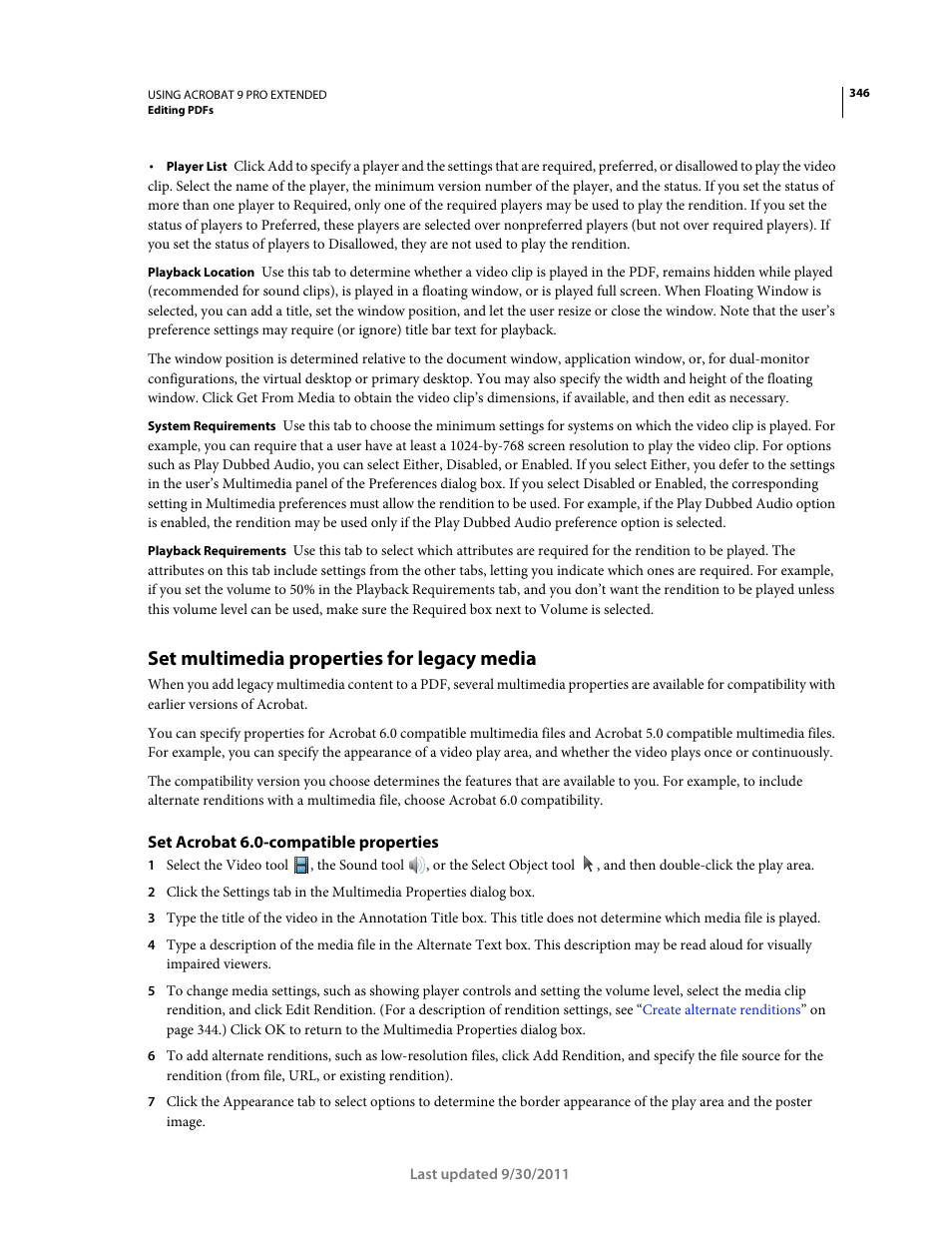 Set multimedia properties for legacy media, Set acrobat 6.0-compatible properties | Adobe Acrobat 9 PRO Extended User Manual | Page 352 / 546