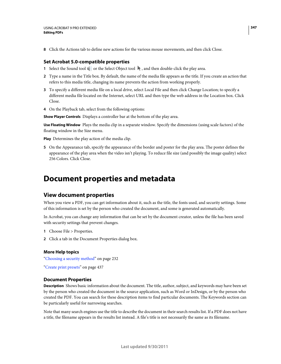 Set acrobat 5.0-compatible properties, Document properties and metadata, View document properties | Document properties | Adobe Acrobat 9 PRO Extended User Manual | Page 353 / 546