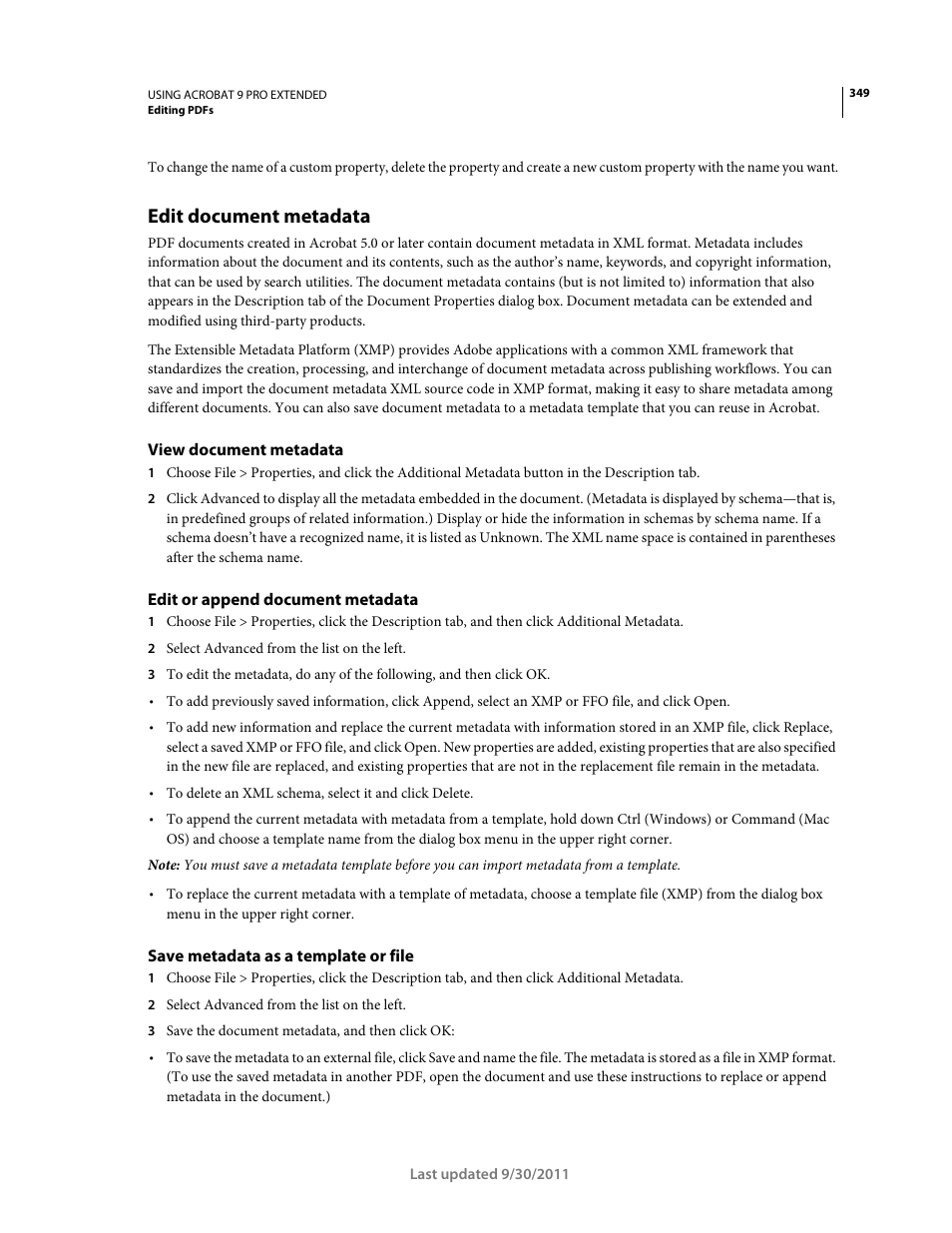 Edit document metadata, View document metadata, Edit or append document metadata | Save metadata as a template or file | Adobe Acrobat 9 PRO Extended User Manual | Page 355 / 546