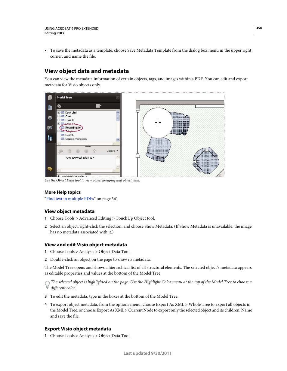 View object data and metadata, View object metadata, View and edit visio object metadata | Export visio object metadata | Adobe Acrobat 9 PRO Extended User Manual | Page 356 / 546