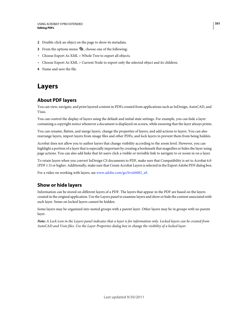 Layers, About pdf layers, Show or hide layers | Adobe Acrobat 9 PRO Extended User Manual | Page 357 / 546