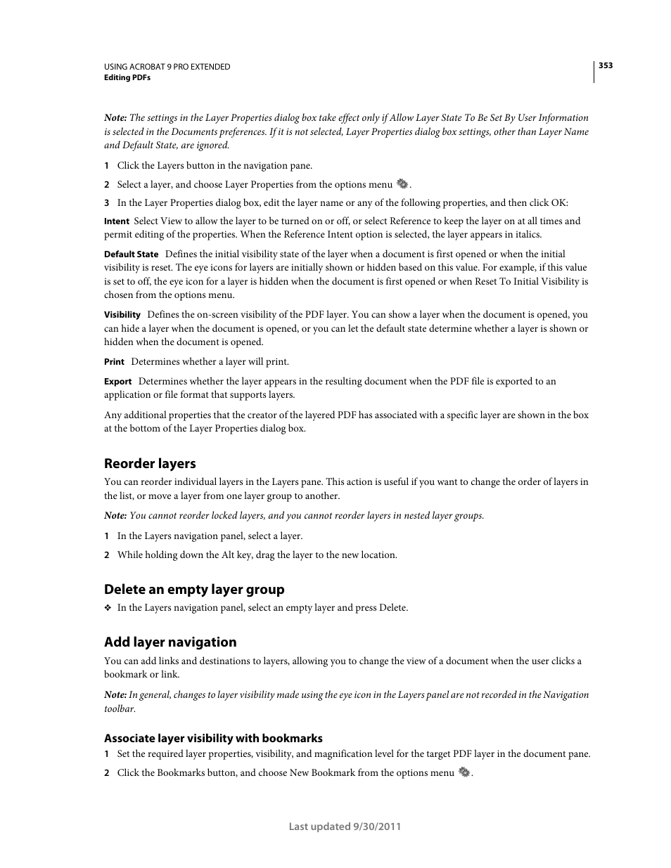 Reorder layers, Delete an empty layer group, Add layer navigation | Associate layer visibility with bookmarks | Adobe Acrobat 9 PRO Extended User Manual | Page 359 / 546