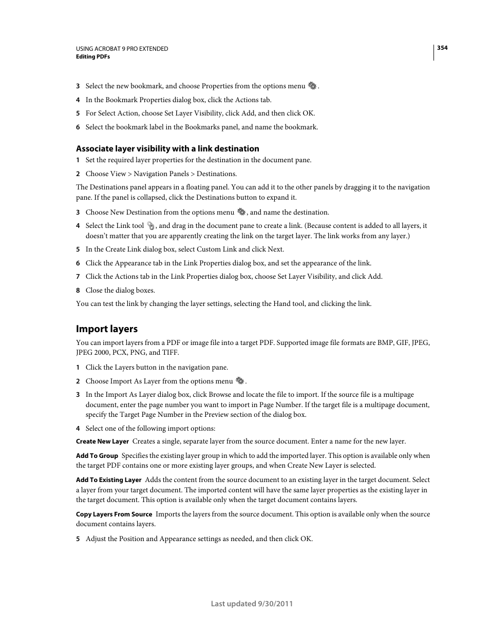 Associate layer visibility with a link destination, Import layers | Adobe Acrobat 9 PRO Extended User Manual | Page 360 / 546