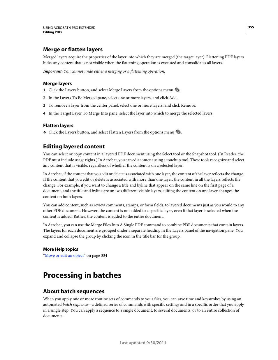 Merge or flatten layers, Merge layers, Flatten layers | Editing layered content, Processing in batches, About batch sequences | Adobe Acrobat 9 PRO Extended User Manual | Page 361 / 546