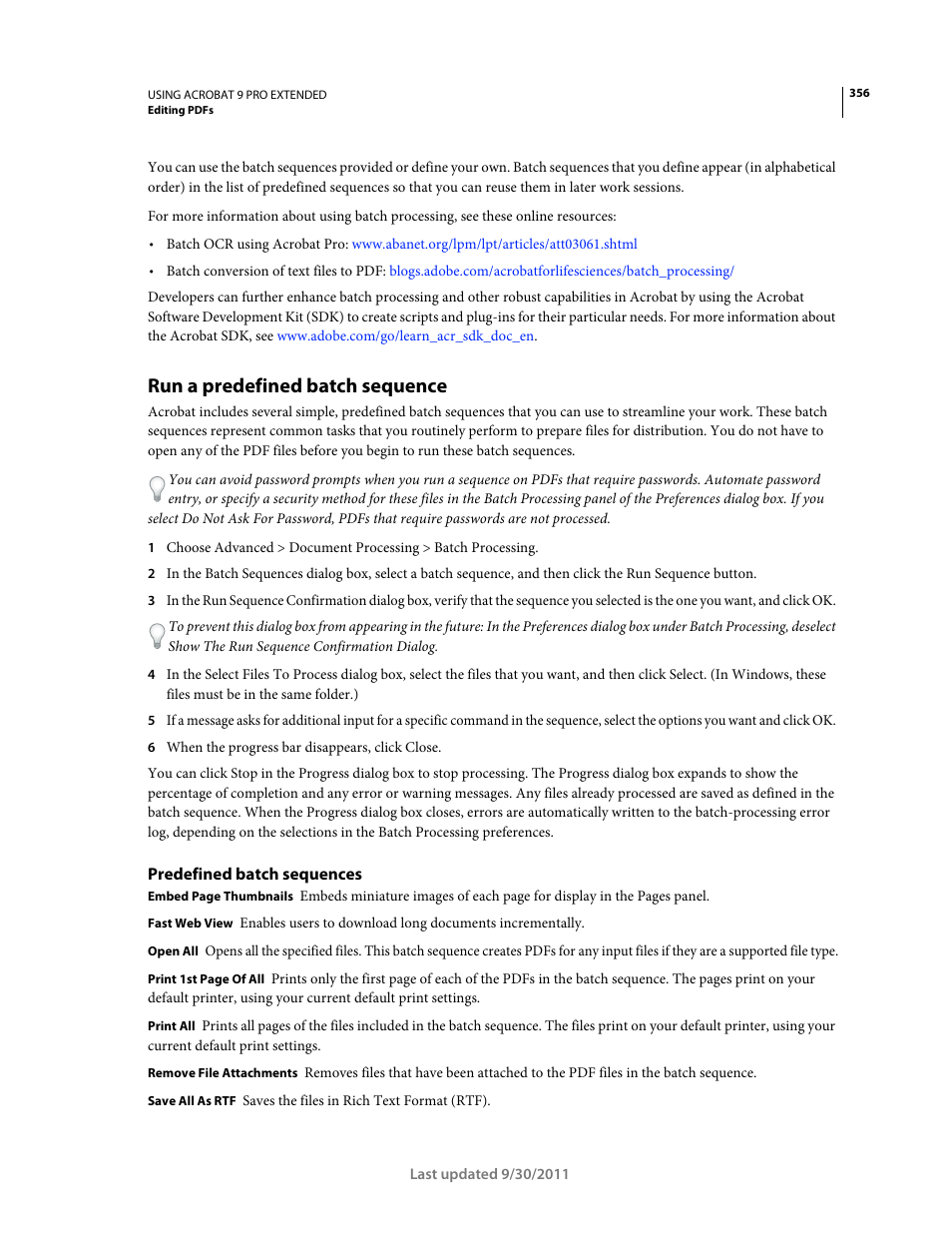 Run a predefined batch sequence, Predefined batch sequences, A predefined batch sequence | Adobe Acrobat 9 PRO Extended User Manual | Page 362 / 546