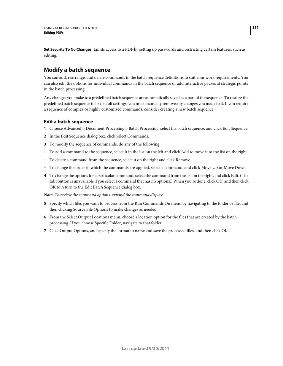 Modify a batch sequence, Edit a batch sequence | Adobe Acrobat 9 PRO Extended User Manual | Page 363 / 546