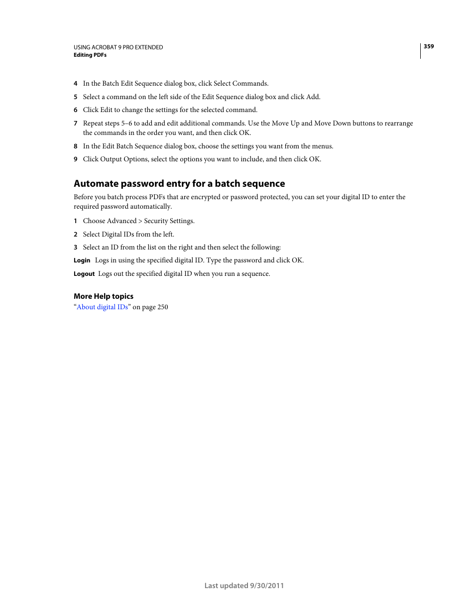 Automate password entry for a batch sequence | Adobe Acrobat 9 PRO Extended User Manual | Page 365 / 546