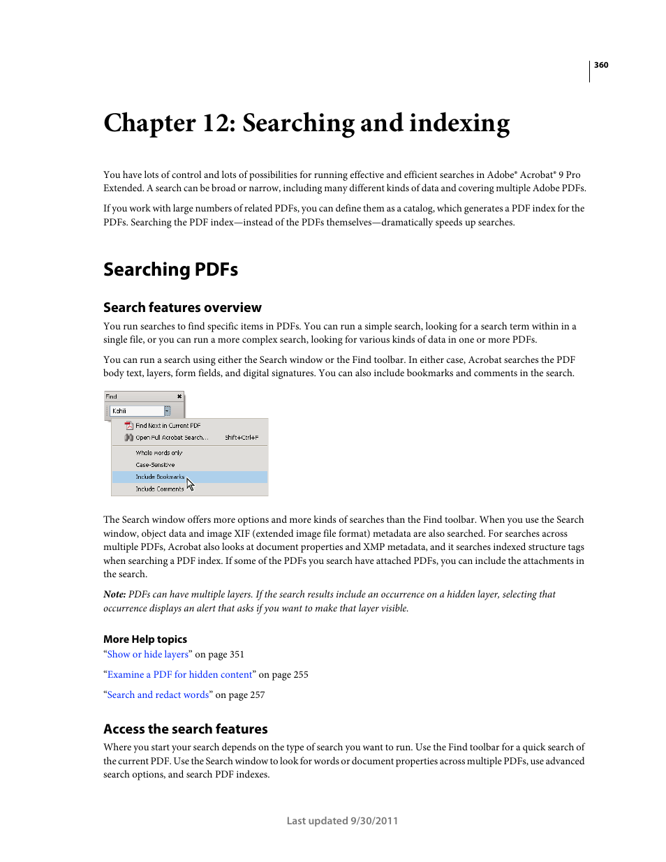 Chapter 12: searching and indexing, Searching pdfs, Search features overview | Access the search features | Adobe Acrobat 9 PRO Extended User Manual | Page 366 / 546