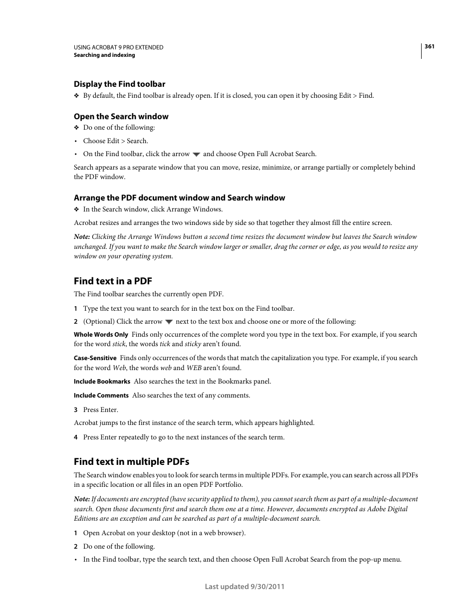 Display the find toolbar, Open the search window, Arrange the pdf document window and search window | Find text in a pdf, Find text in multiple pdfs | Adobe Acrobat 9 PRO Extended User Manual | Page 367 / 546