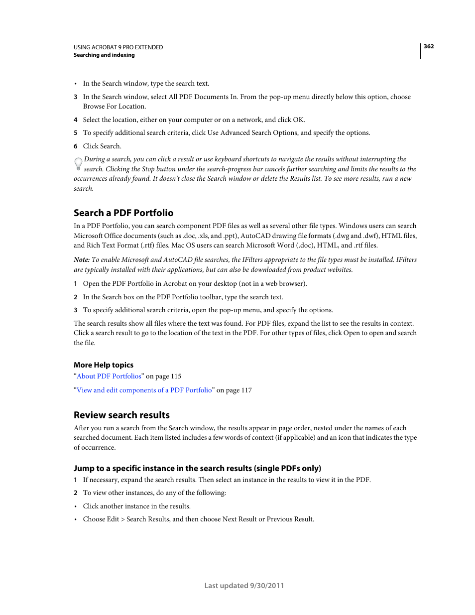 Search a pdf portfolio, Review search results | Adobe Acrobat 9 PRO Extended User Manual | Page 368 / 546
