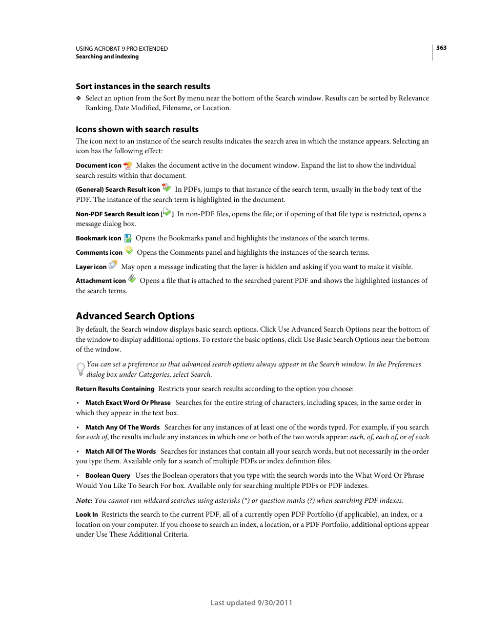 Sort instances in the search results, Icons shown with search results, Advanced search options | Adobe Acrobat 9 PRO Extended User Manual | Page 369 / 546