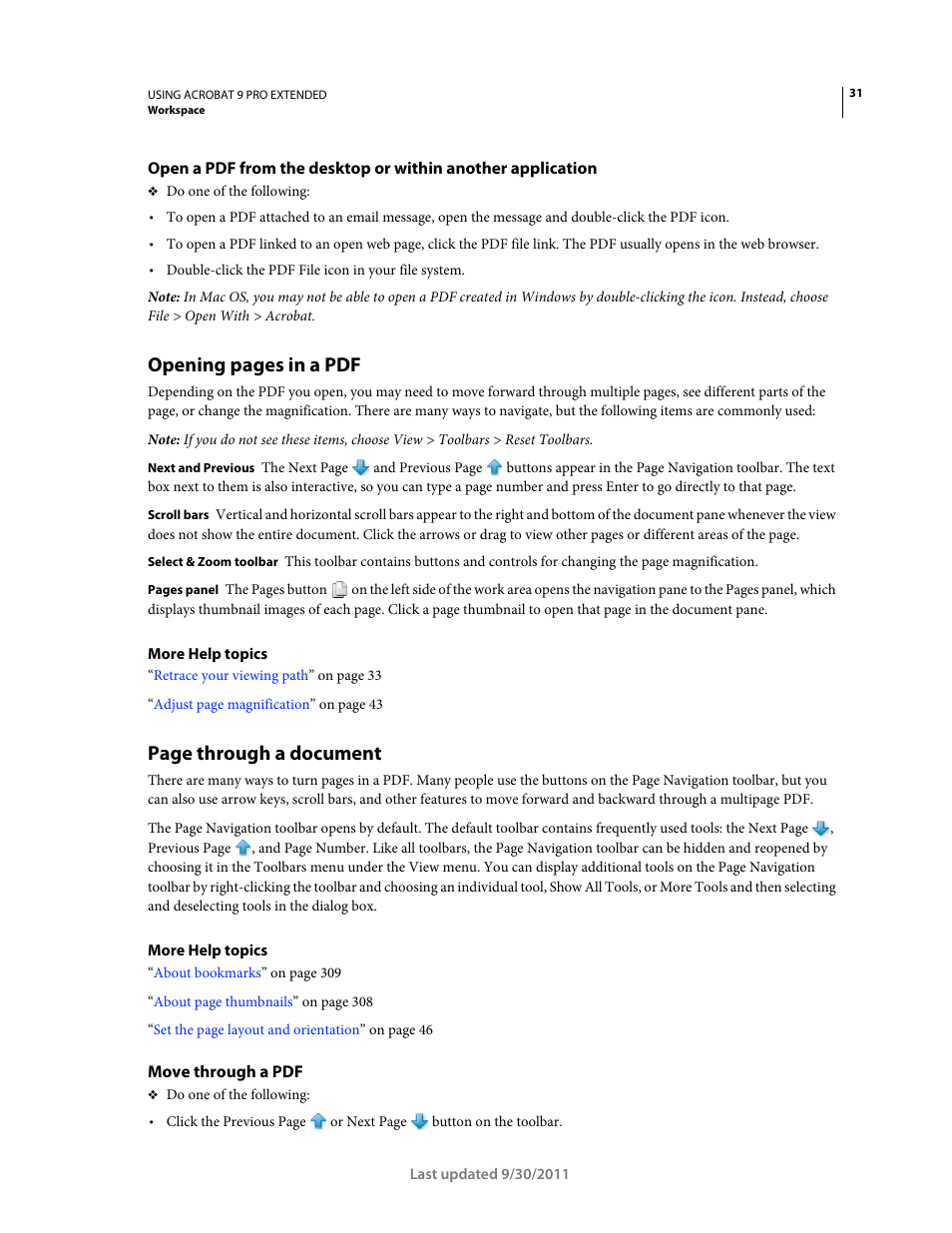 Move through a pdf, Opening pages in a pdf, Page through a document | Adobe Acrobat 9 PRO Extended User Manual | Page 37 / 546