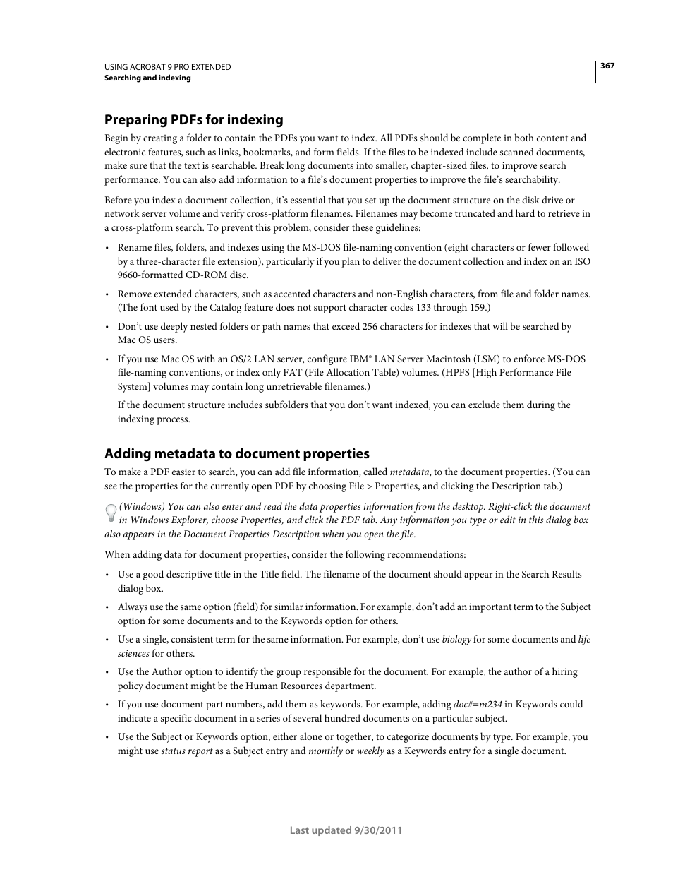 Preparing pdfs for indexing, Adding metadata to document properties | Adobe Acrobat 9 PRO Extended User Manual | Page 373 / 546