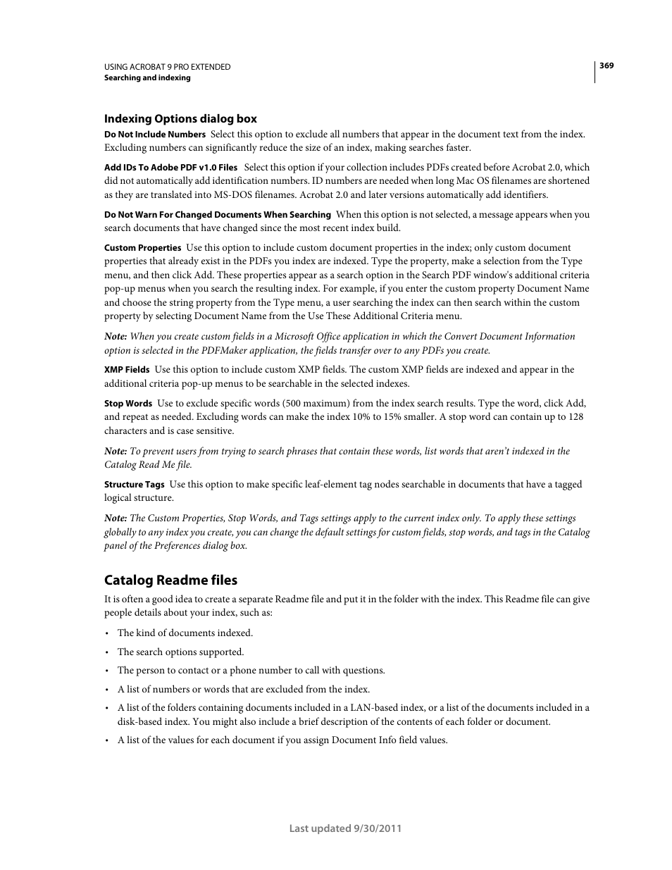 Indexing options dialog box, Catalog readme files | Adobe Acrobat 9 PRO Extended User Manual | Page 375 / 546