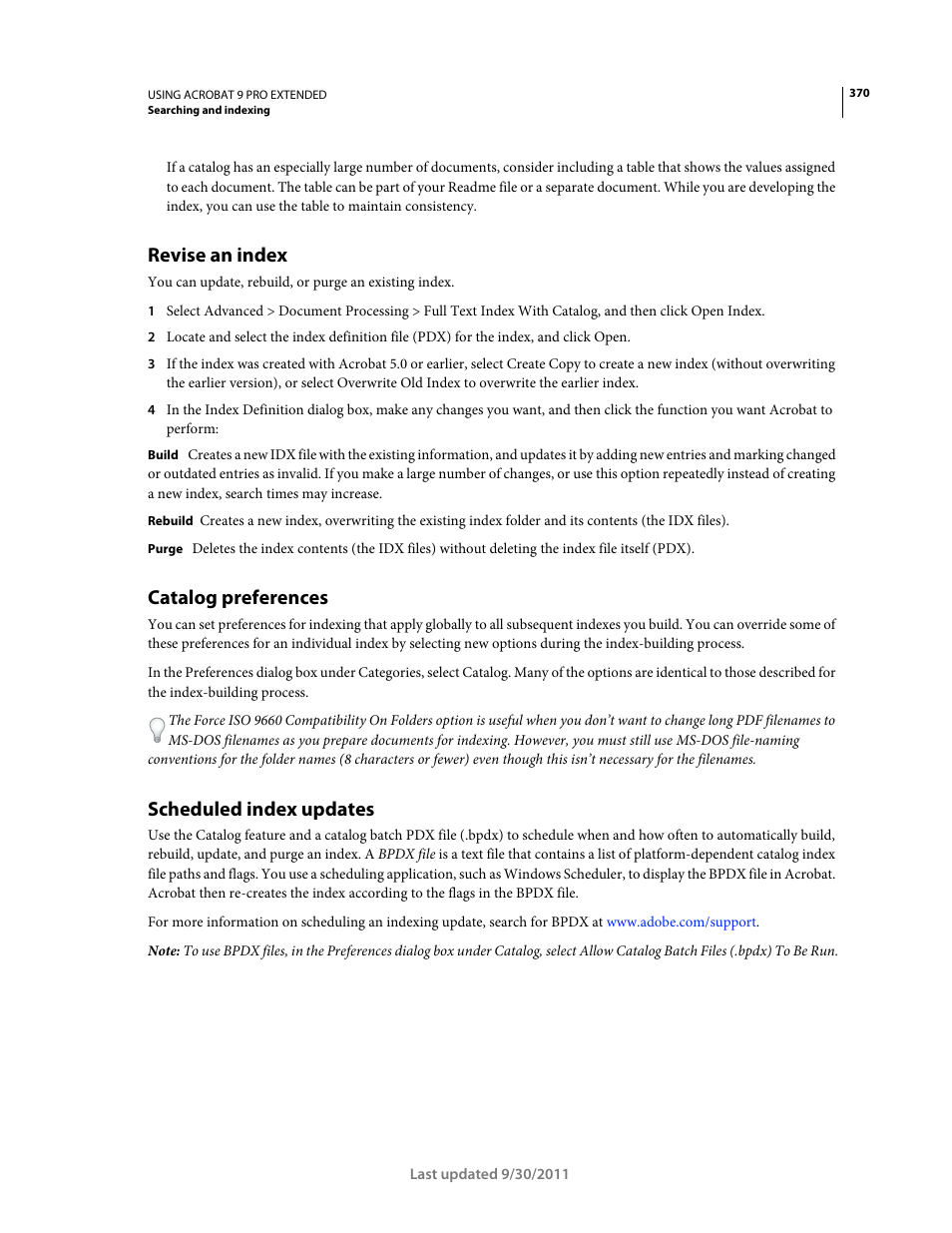 Revise an index, Catalog preferences, Scheduled index updates | Adobe Acrobat 9 PRO Extended User Manual | Page 376 / 546