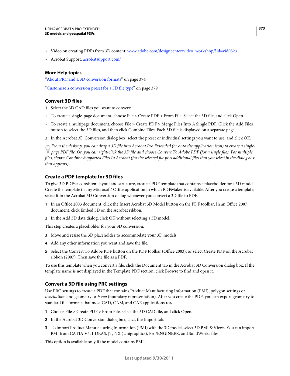 Convert 3d files, Create a pdf template for 3d files, Convert a 3d file using prc settings | Adobe Acrobat 9 PRO Extended User Manual | Page 379 / 546