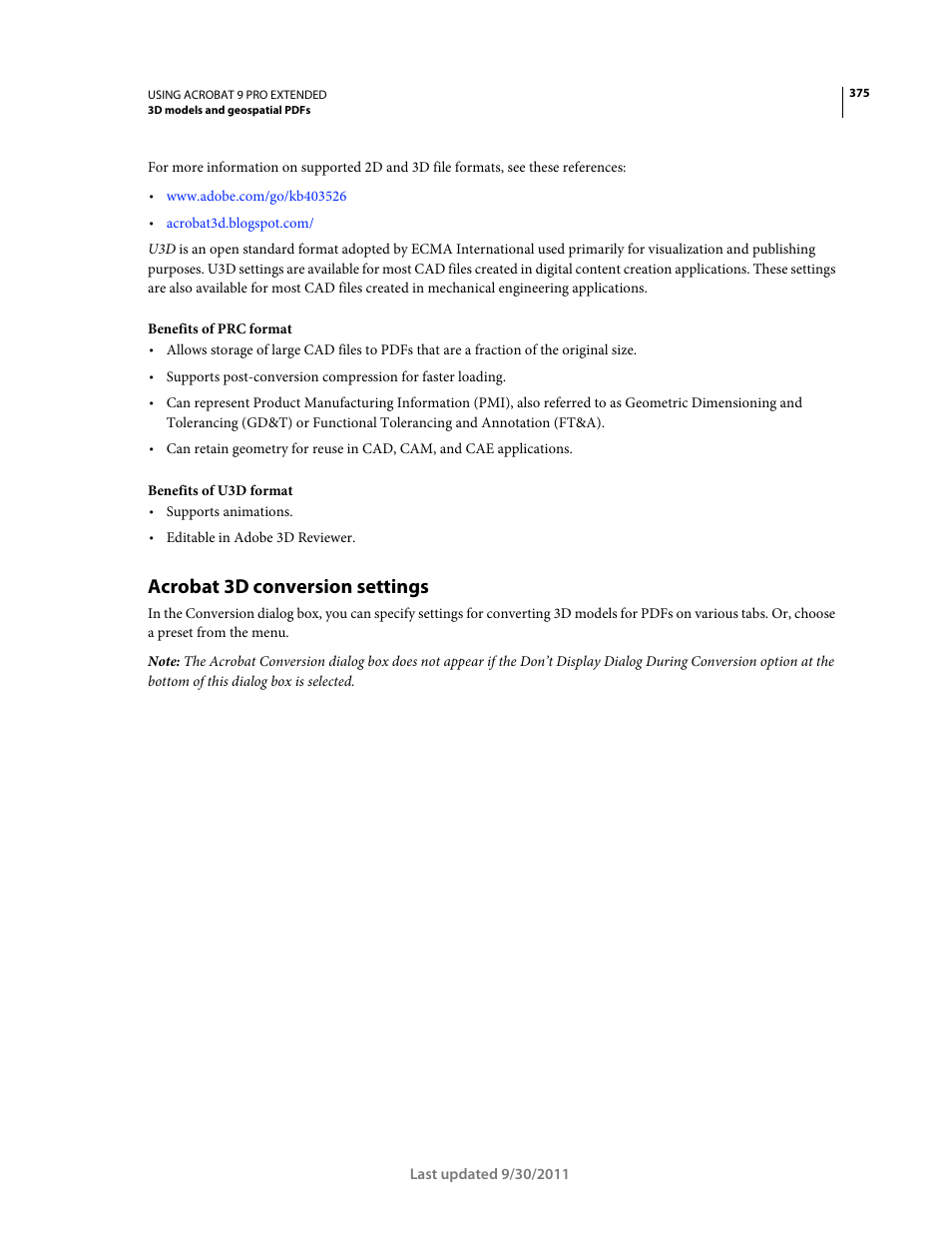 Acrobat 3d conversion settings | Adobe Acrobat 9 PRO Extended User Manual | Page 381 / 546