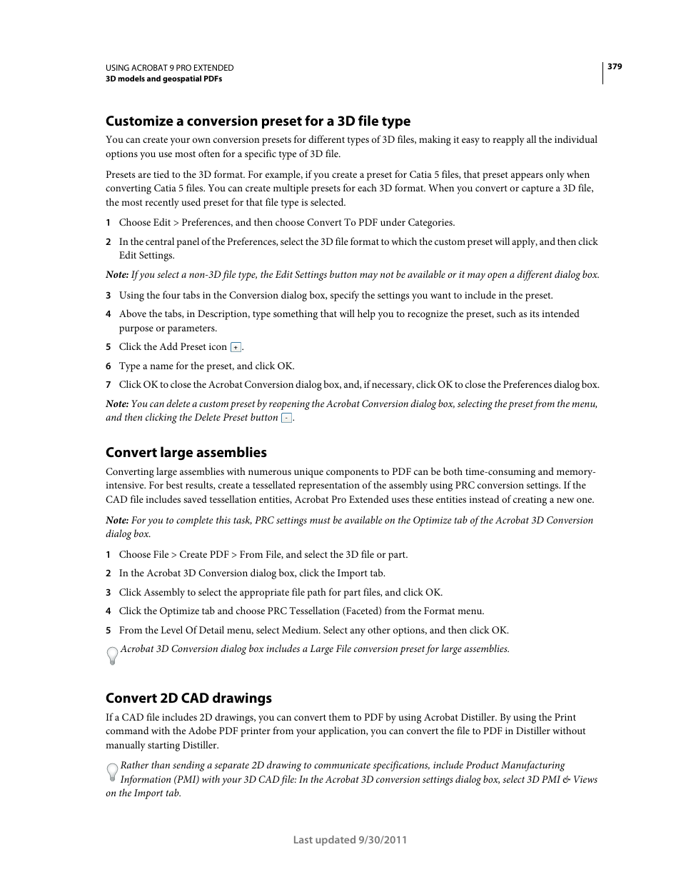 Customize a conversion preset for a 3d file type, Convert large assemblies, Convert 2d cad drawings | Adobe Acrobat 9 PRO Extended User Manual | Page 385 / 546