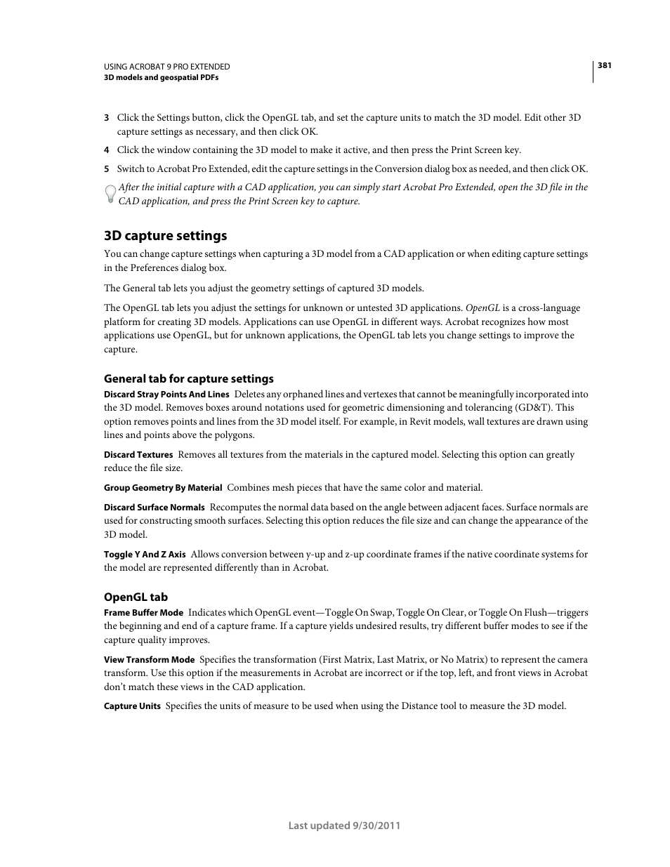 3d capture settings, General tab for capture settings, Opengl tab | Adobe Acrobat 9 PRO Extended User Manual | Page 387 / 546