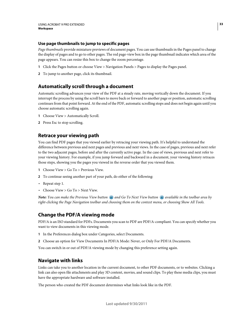 Automatically scroll through a document, Retrace your viewing path, Change the pdf/a viewing mode | Navigate with links | Adobe Acrobat 9 PRO Extended User Manual | Page 39 / 546