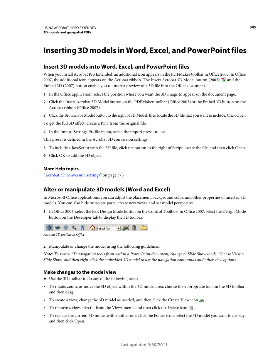 Alter or manipulate 3d models (word and excel), Make changes to the model view | Adobe Acrobat 9 PRO Extended User Manual | Page 391 / 546