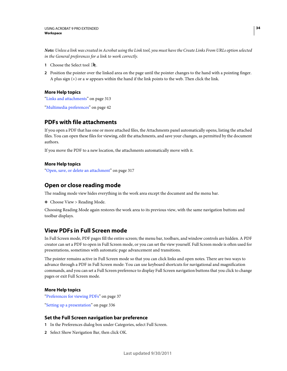 Pdfs with file attachments, Open or close reading mode, View pdfs in full screen mode | Set the full screen navigation bar preference | Adobe Acrobat 9 PRO Extended User Manual | Page 40 / 546