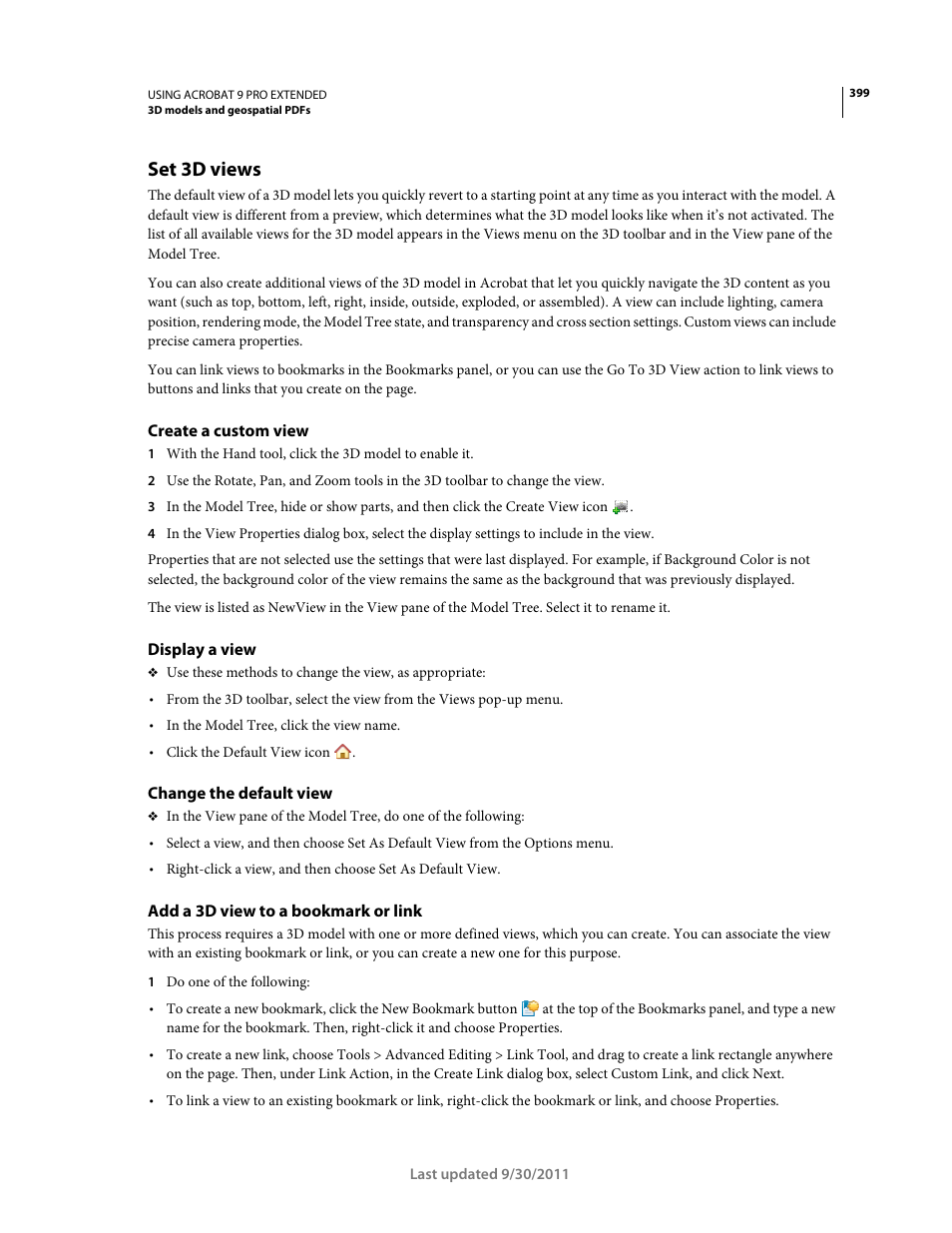 Set 3d views, Create a custom view, Display a view | Change the default view, Add a 3d view to a bookmark or link | Adobe Acrobat 9 PRO Extended User Manual | Page 405 / 546