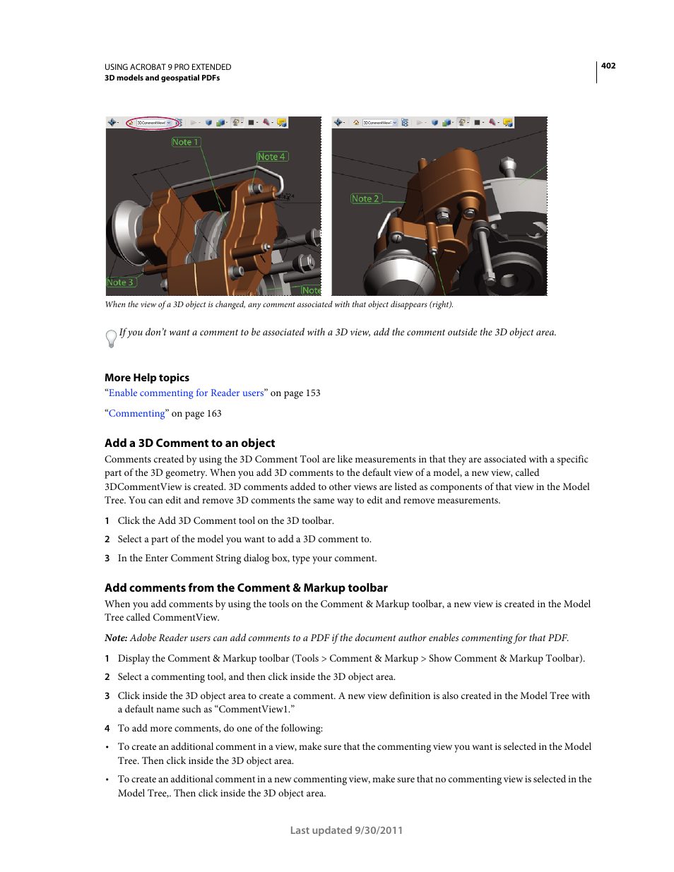 Add a 3d comment to an object, Add comments from the comment & markup toolbar | Adobe Acrobat 9 PRO Extended User Manual | Page 408 / 546