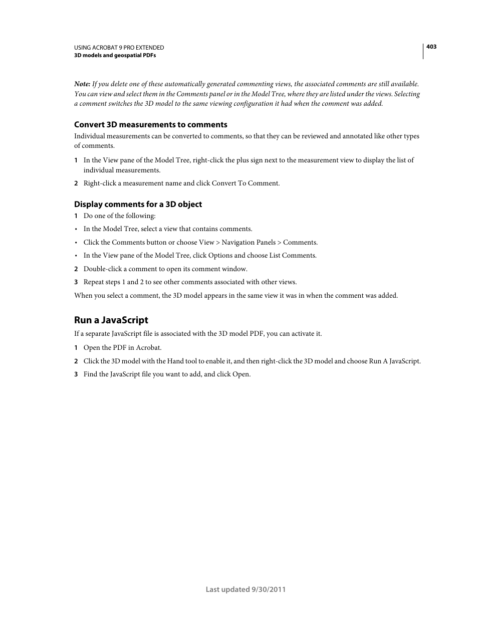 Convert 3d measurements to comments, Display comments for a 3d object, Run a javascript | Adobe Acrobat 9 PRO Extended User Manual | Page 409 / 546