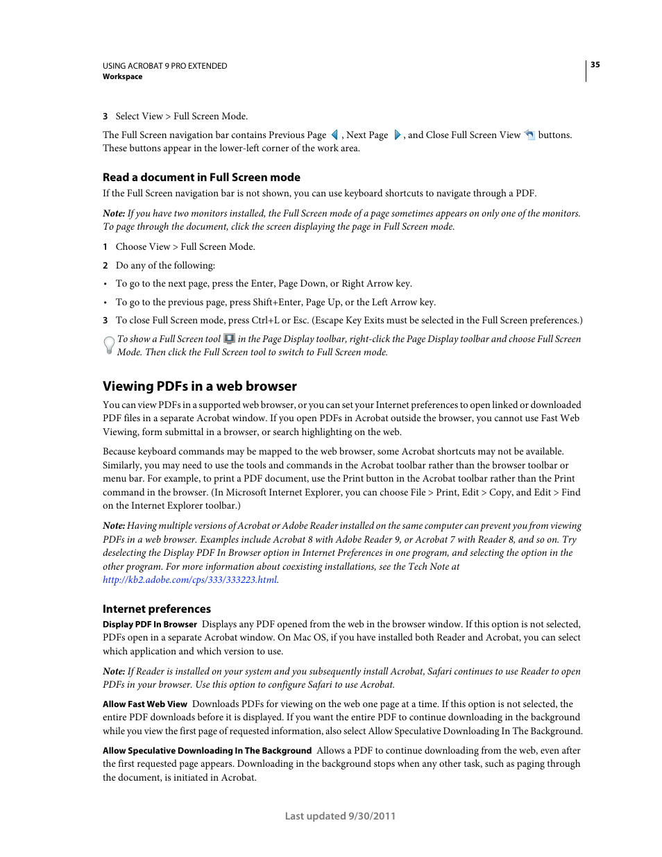 Read a document in full screen mode, Viewing pdfs in a web browser, Internet preferences | Adobe Acrobat 9 PRO Extended User Manual | Page 41 / 546