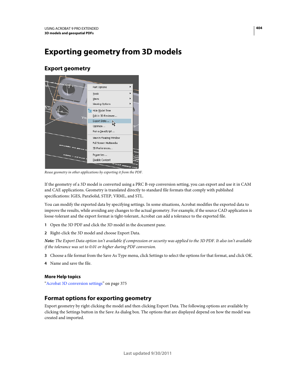 Exporting geometry from 3d models, Export geometry, Format options for exporting geometry | Adobe Acrobat 9 PRO Extended User Manual | Page 410 / 546