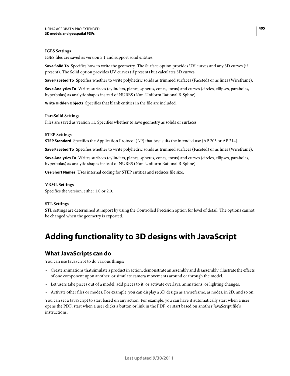 Adding functionality to 3d designs with javascript, What javascripts can do | Adobe Acrobat 9 PRO Extended User Manual | Page 411 / 546