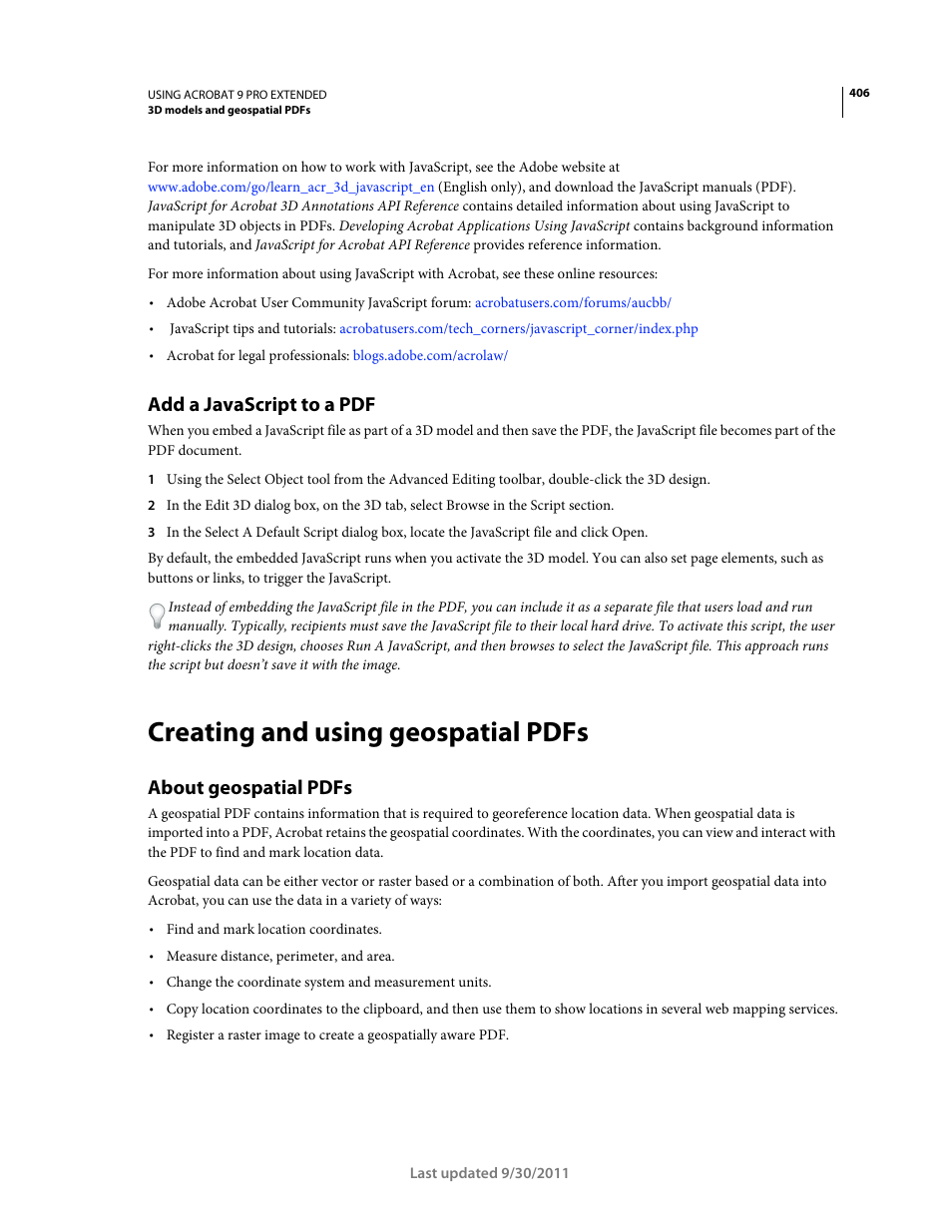 Add a javascript to a pdf, Creating and using geospatial pdfs, About geospatial pdfs | Creating and, Using geospatial pdfs | Adobe Acrobat 9 PRO Extended User Manual | Page 412 / 546