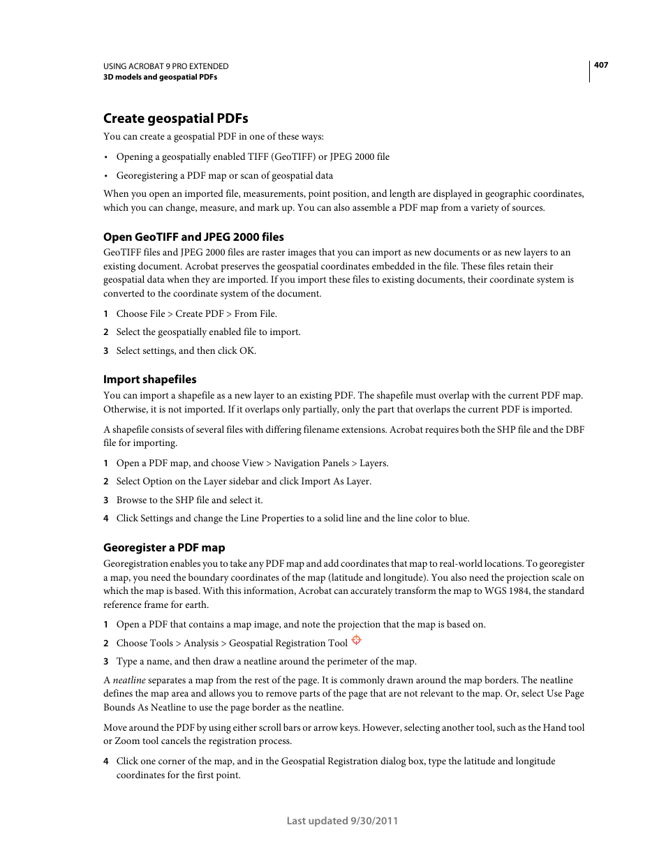 Create geospatial pdfs, Open geotiff and jpeg 2000 files, Import shapefiles | Georegister a pdf map | Adobe Acrobat 9 PRO Extended User Manual | Page 413 / 546