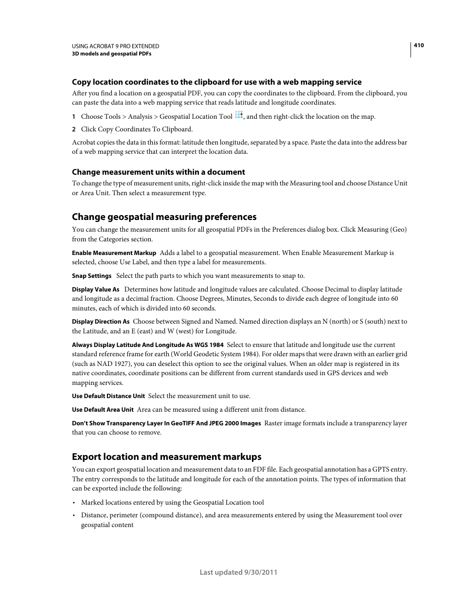 Change measurement units within a document, Change geospatial measuring preferences, Export location and measurement markups | Adobe Acrobat 9 PRO Extended User Manual | Page 416 / 546