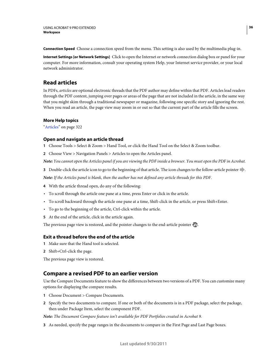 Read articles, Open and navigate an article thread, Exit a thread before the end of the article | Compare a revised pdf to an earlier version, Compare a revised pdf to an, Earlier version | Adobe Acrobat 9 PRO Extended User Manual | Page 42 / 546