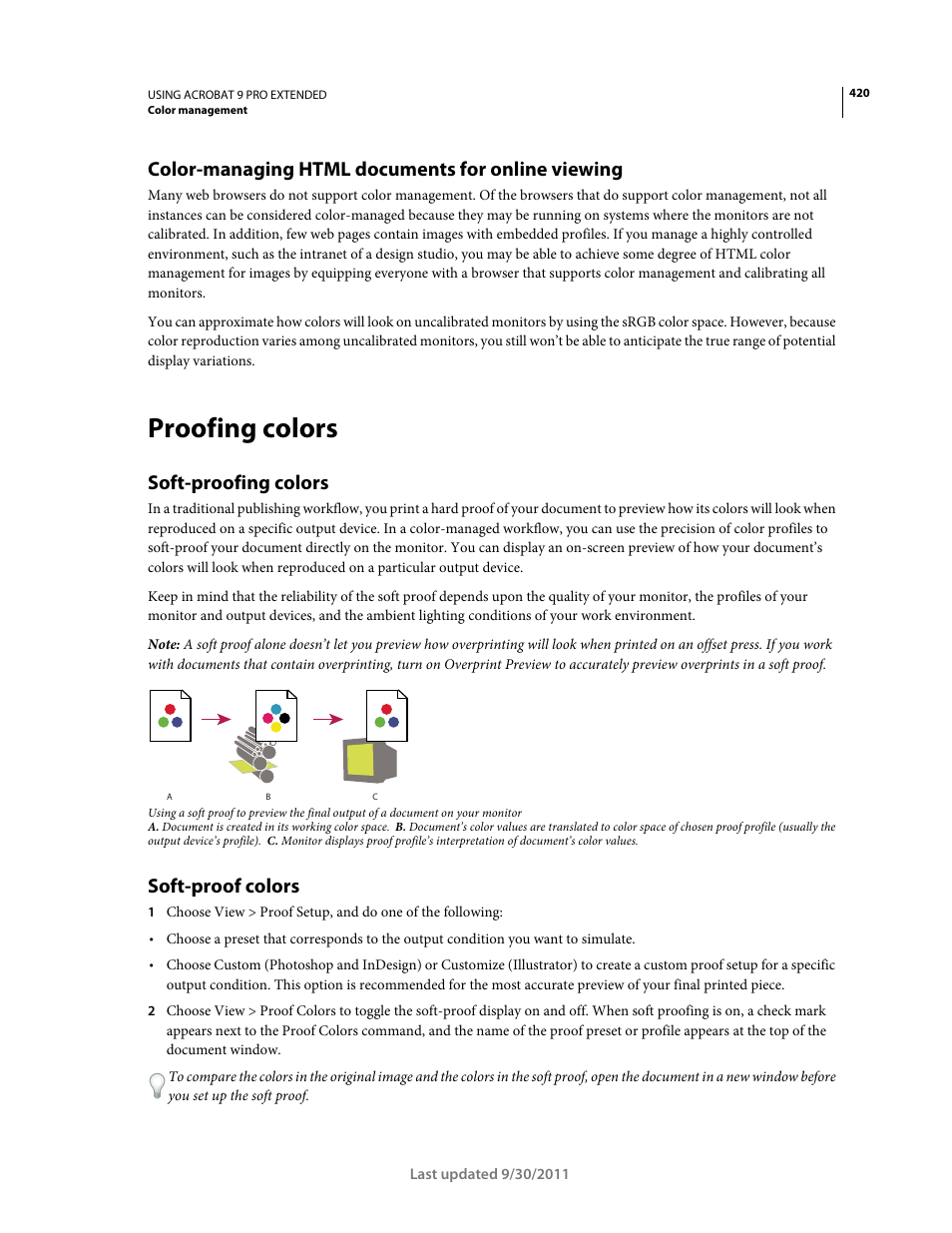 Color-managing html documents for online viewing, Proofing colors, Soft-proofing colors | Soft-proof colors, Specific device. (see | Adobe Acrobat 9 PRO Extended User Manual | Page 426 / 546