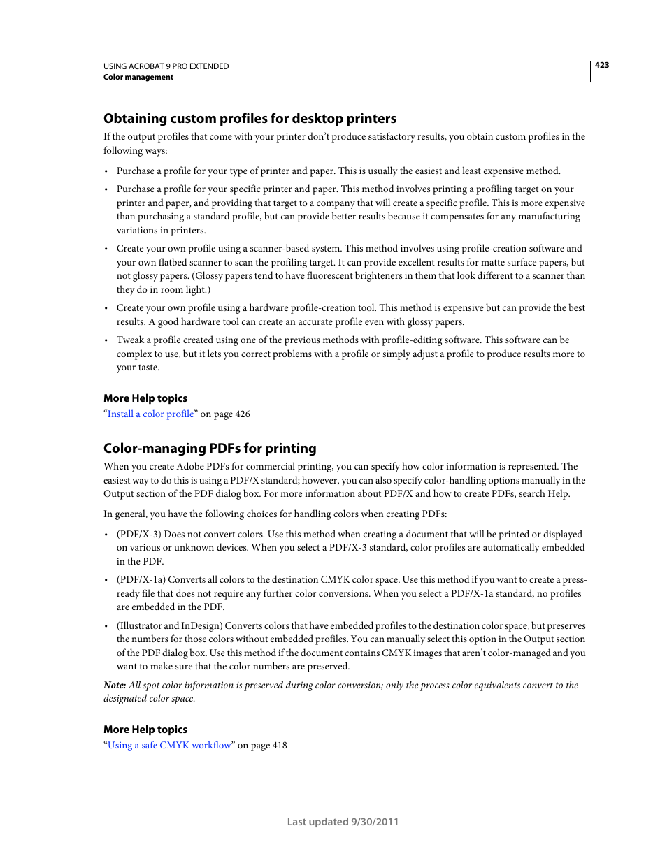 Obtaining custom profiles for desktop printers, Color-managing pdfs for printing | Adobe Acrobat 9 PRO Extended User Manual | Page 429 / 546