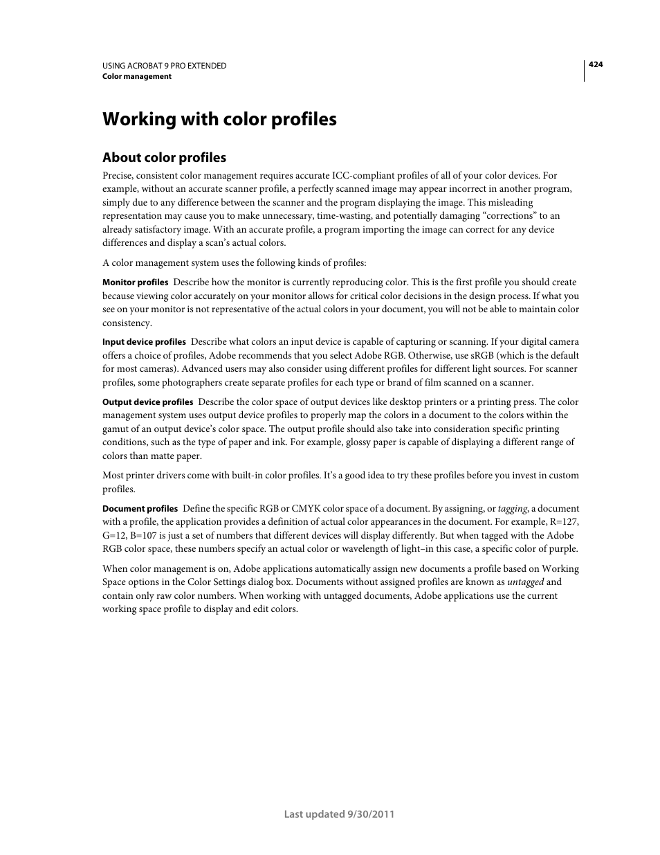 Working with color profiles, About color profiles | Adobe Acrobat 9 PRO Extended User Manual | Page 430 / 546