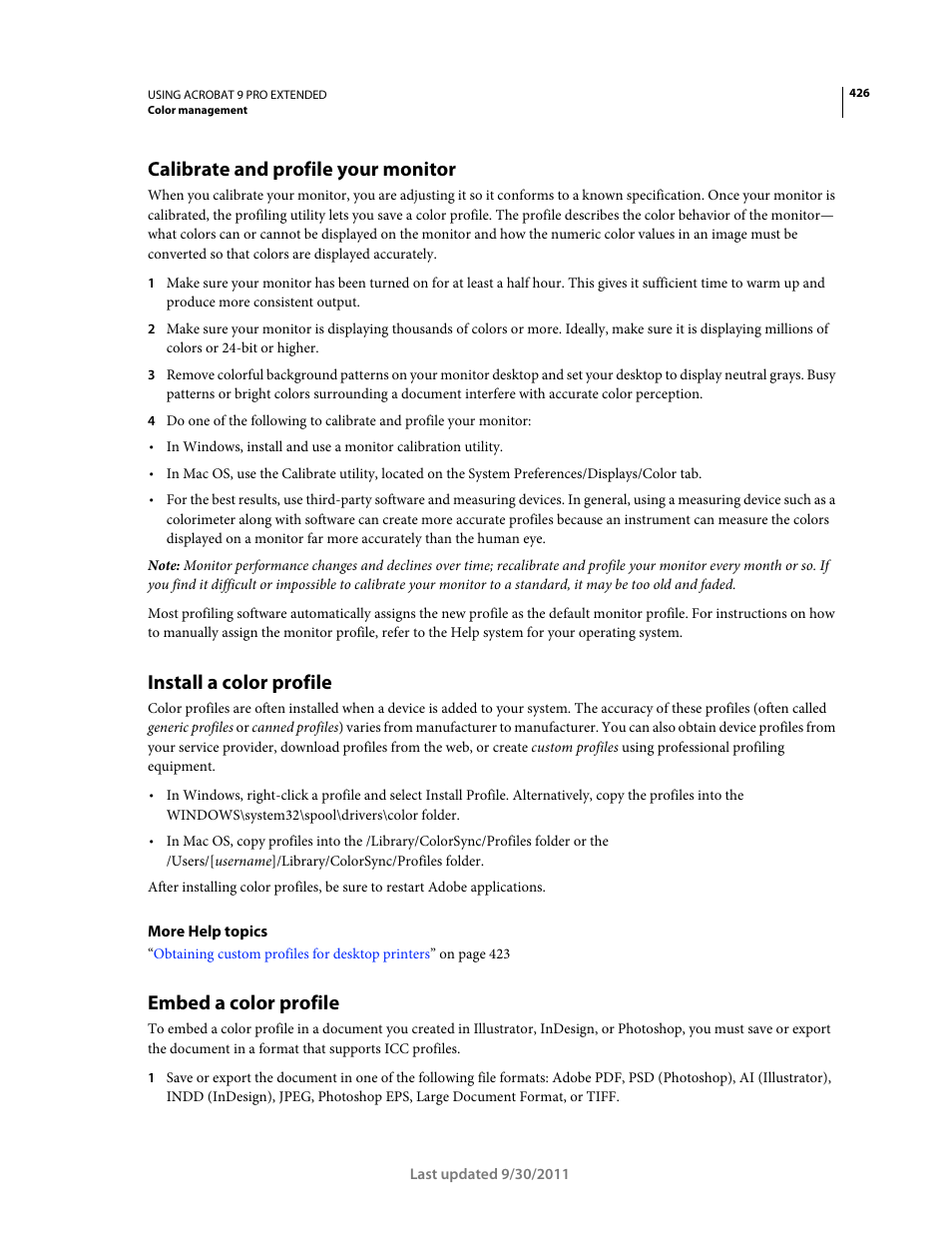 Calibrate and profile your monitor, Install a color profile, Embed a color profile | Adobe Acrobat 9 PRO Extended User Manual | Page 432 / 546