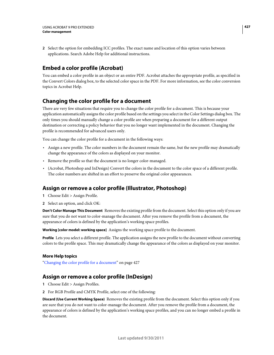 Embed a color profile (acrobat), Changing the color profile for a document, Assign or remove a color profile (indesign) | Adobe Acrobat 9 PRO Extended User Manual | Page 433 / 546