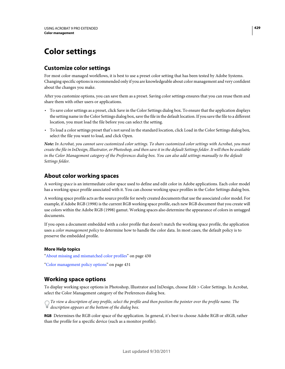 Color settings, Customize color settings, About color working spaces | Working space options | Adobe Acrobat 9 PRO Extended User Manual | Page 435 / 546