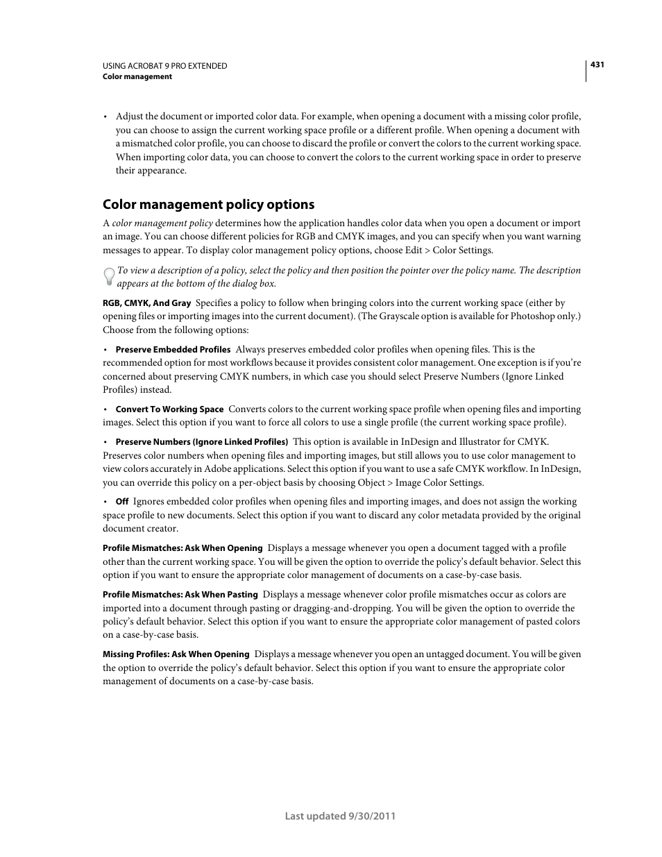 Color management policy options | Adobe Acrobat 9 PRO Extended User Manual | Page 437 / 546