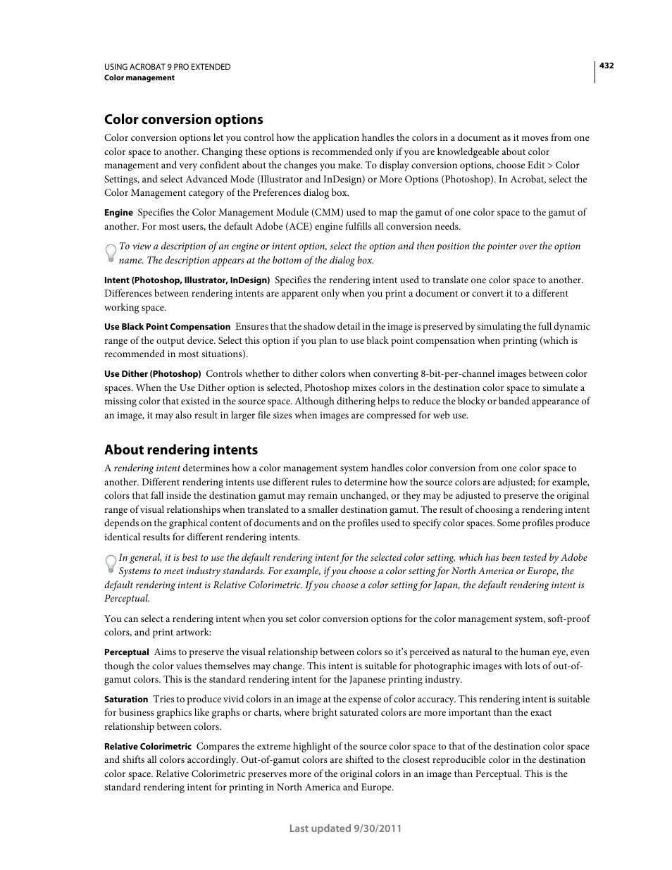 Color conversion options, About rendering intents | Adobe Acrobat 9 PRO Extended User Manual | Page 438 / 546