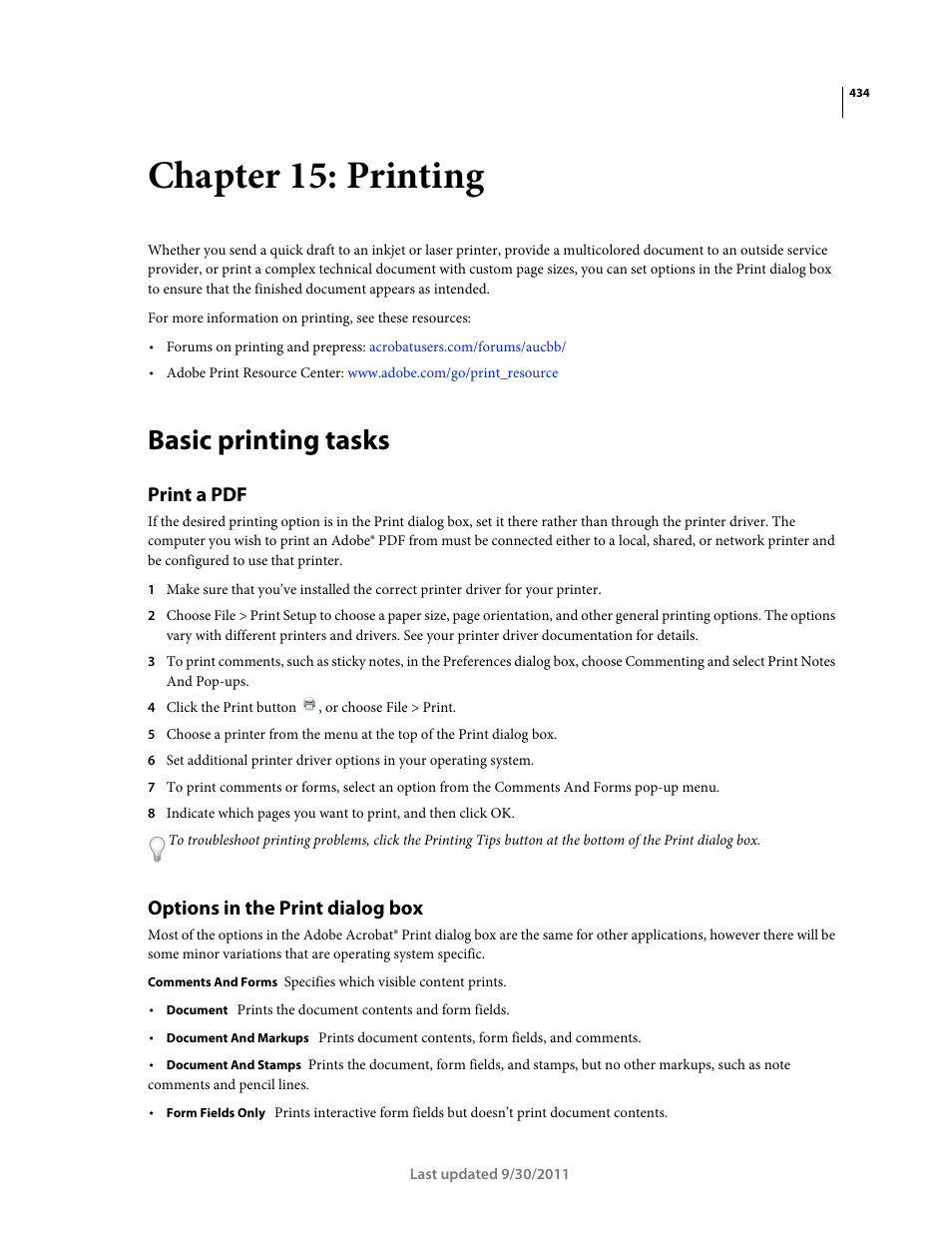 Chapter 15: printing, Basic printing tasks, Print a pdf | Options in the print dialog box | Adobe Acrobat 9 PRO Extended User Manual | Page 440 / 546