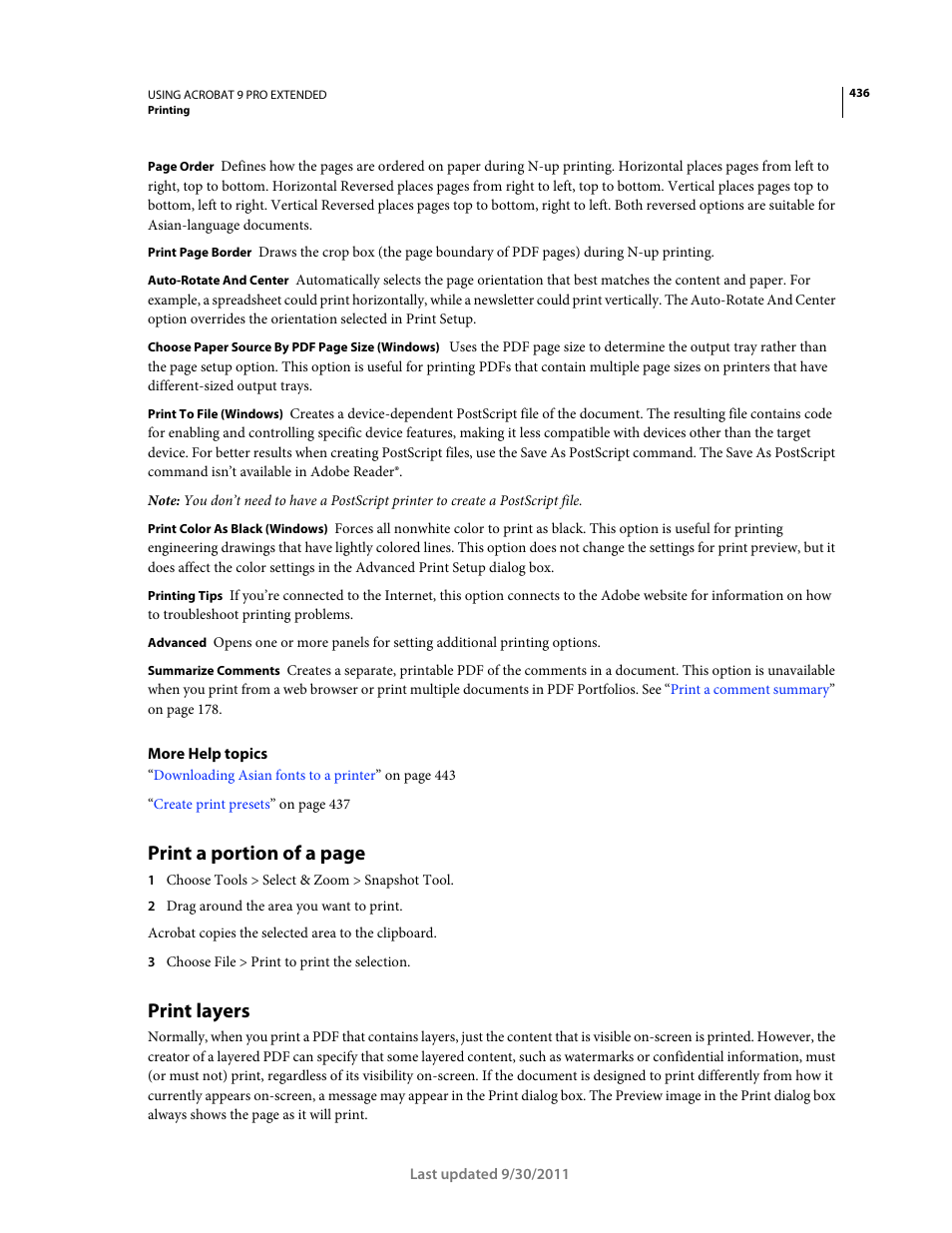 Print layers, Print a portion of a page | Adobe Acrobat 9 PRO Extended User Manual | Page 442 / 546